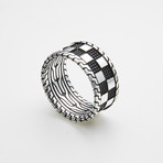 925 Solid Sterling Silver Checkered Pattern Ring // Black + Silver (Size 8)