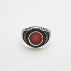 925 Solid Sterling Silver Round Carnelian Stone Ring (Size 8)