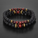 Tiger's Eye + Lava Stone + Hematite Beaded Bracelet (Red + Black + Gold)