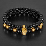 Gold Plated Stainless Steel Skull Charm with Onyx Stone Stretch Bracelet Set