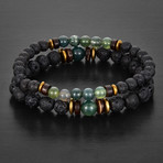 Agate + Lava Stone + Hematite Beaded Bracelet // Green + Black + Gold