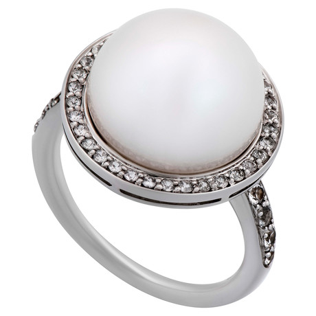 Mimi Milano 18k White Gold Diamond + White Cultured Peal Ring // Ring Size: 7.25