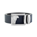 Versace // Medusa Steel Buckle Slightly Textured Leather Belt // Navy Blue (Size: 44)