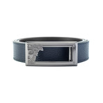 Versace // Medusa Steel Long Horizontal Buckle Leather Belt // Navy Blue (Size: 34)