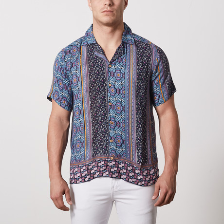 Ferrell Casual Point-Collared Short Sleeve Button Down // Blue + Embroidery (S)