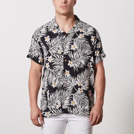 Charles Casual Camp-Collared Short Sleeve Button Down // Black + White (L)