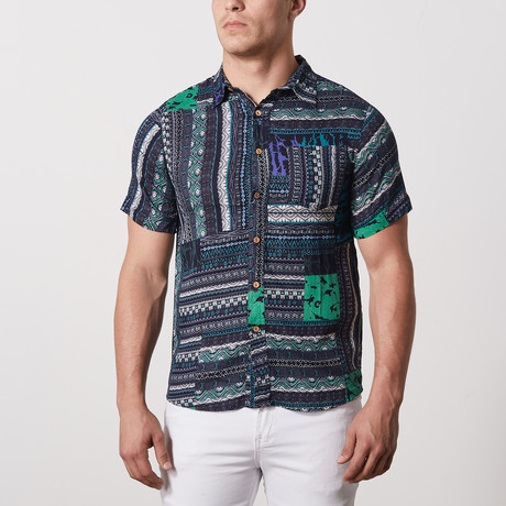 Serrano Casual Point-Collared Short Sleeve Button Down // Black + Embroidery (S)