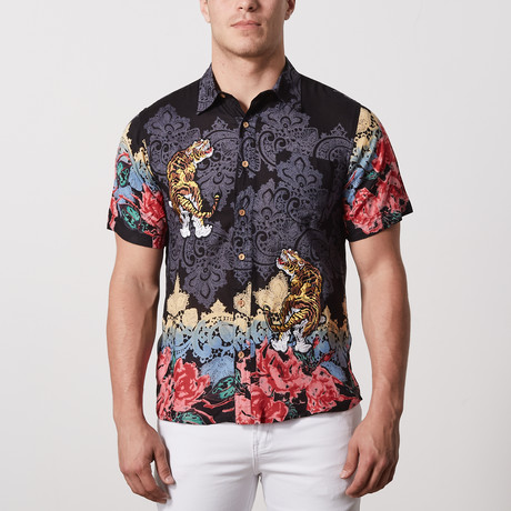 Wheeler Casual Point-Collared Short Sleeve Button Down // Black + Embroidery (S)