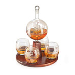 Globe Decanter + Antique Ship + 4 World Map Glasses (Straight Rotating Globe)