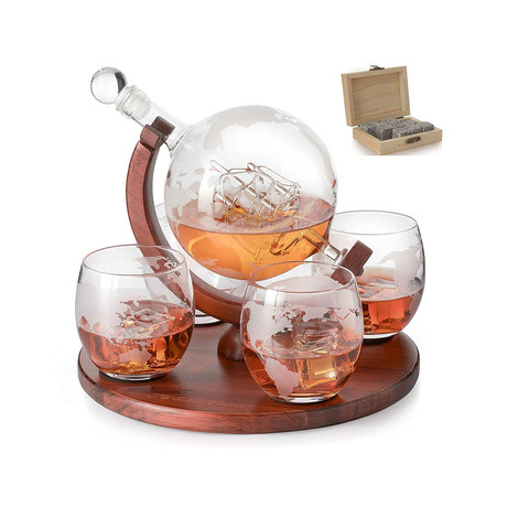 Etched World Whiskey Decanter // Whiskey Stones // 4 World Map Glasses