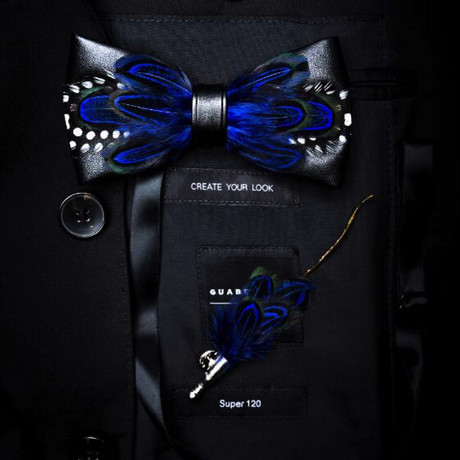 Feather Bow Tie // Blue + White + Black