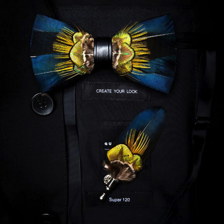 Feather Bow Tie // Blue + Yellow