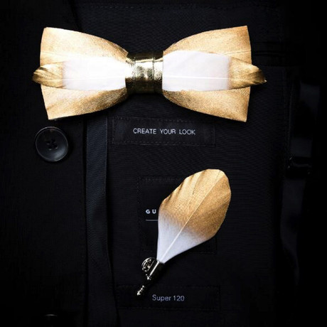 Feather Bow Tie V2 // Gold + White