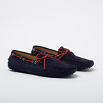 Ortega Suede Leather Loafer // Navy + Red Leather Shoelaces (Euro: 42)