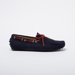 Ortega Suede Leather Loafer // Navy + Red Leather Shoelaces (Euro: 42)