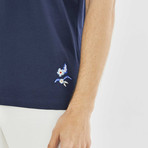 Floral Stitch Short Sleeve Polo // Navy Blue (M)