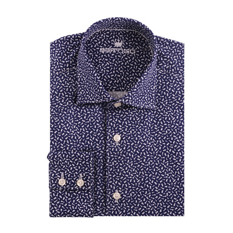 Chess Poplin Print Long Sleeve Shirt // Navy Blue (XS)