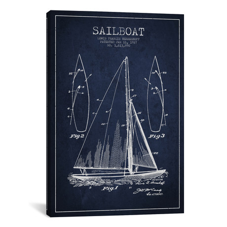 Sailboat Navy Blue Patent Blueprint  // Aged Pixel (18"W x 26"H x 1.5"D)