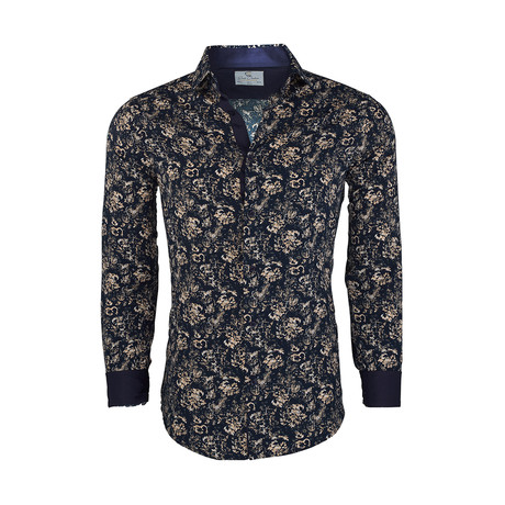 Eusebio Casual Long-Sleeve Button-Down Shirt // Navy (S)