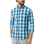 Plaid Pattern Button-Up Shirt // Turquoise + White (L)