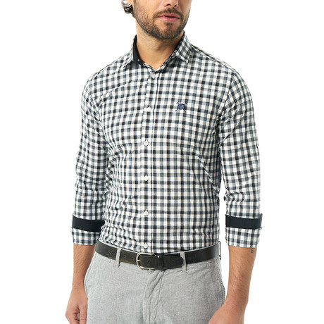 Grid Pattern Button-Up Shirt // Black + Blue + White (S)