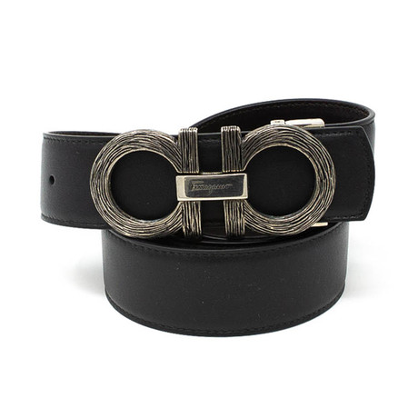 Salvatore Ferragamo Silver Buckle Belt Genuine Leather Black