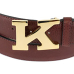 Kiton // Pebbled Leather Gold K Buckle Belt // Brown