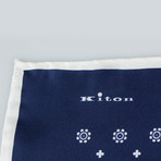 Kiton // Pattern Silk Pocket Square // Oxford Blue + White