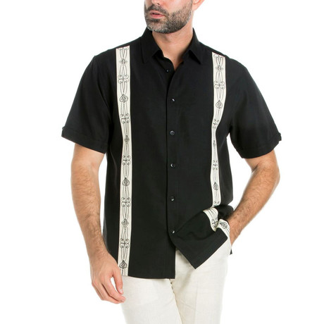 Embroidered Panel Short-Sleeve Button Down // Black (S)