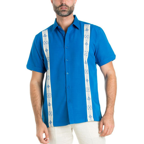 Embroidered Panel Short-Sleeve Button Down // Blue (S)