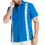 Embroidered Panel Short-Sleeve Button Down // Blue (L)