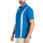 Embroidered Panel Short-Sleeve Button Down // Blue (XL)