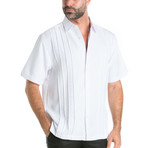 Embroidered Multi Pintuck Short-Sleeve Button-Down // White (L)