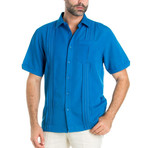 Embroidered Multi Pintuck Short-Sleeve Button-Down // Blue (L)
