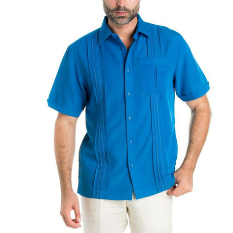 Embroidered Multi Pintuck Short-Sleeve Button-Down // Blue (M)