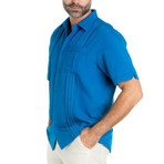 Embroidered Multi Pintuck Short-Sleeve Button-Down // Blue (S)