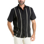 Stitched Panel Pintuck Striped Short-Sleeve Button-Down // Black (L)