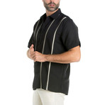 Stitched Panel Pintuck Striped Short-Sleeve Button-Down // Black (M)