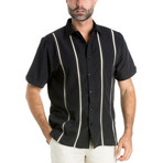 Stitched Panel Pintuck Striped Short-Sleeve Button-Down // Black (L)