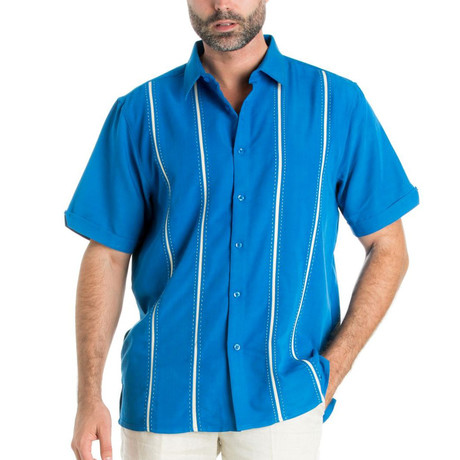Stitched Panel Pintuck Striped Short-Sleeve Button-Down // Blue (S)