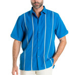 Stitched Panel Pintuck Striped Short-Sleeve Button-Down // Blue (XL)