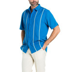 Stitched Panel Pintuck Striped Short-Sleeve Button-Down // Blue (L)