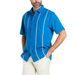 Stitched Panel Pintuck Striped Short-Sleeve Button-Down // Blue (XL)