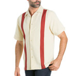 Casual Panel Stripe Shirt Short-Sleeve Button-Down // Beige + Red (XL)