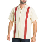 Casual Panel Stripe Shirt Short-Sleeve Button-Down // Beige + Red (L)