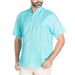 Linen Blend Casual Resort Embroidered Short-Sleeve Henley // Aqua (XL)