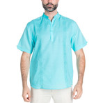 Linen Blend Casual Resort Embroidered Short-Sleeve Henley // Aqua (S)