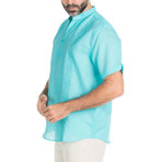 Linen Blend Casual Resort Embroidered Short-Sleeve Henley // Aqua (XL)