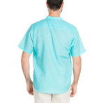 Linen Blend Casual Resort Embroidered Short-Sleeve Henley // Aqua (L)