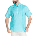 Linen Blend Casual Resort Embroidered Short-Sleeve Henley // Aqua (M)